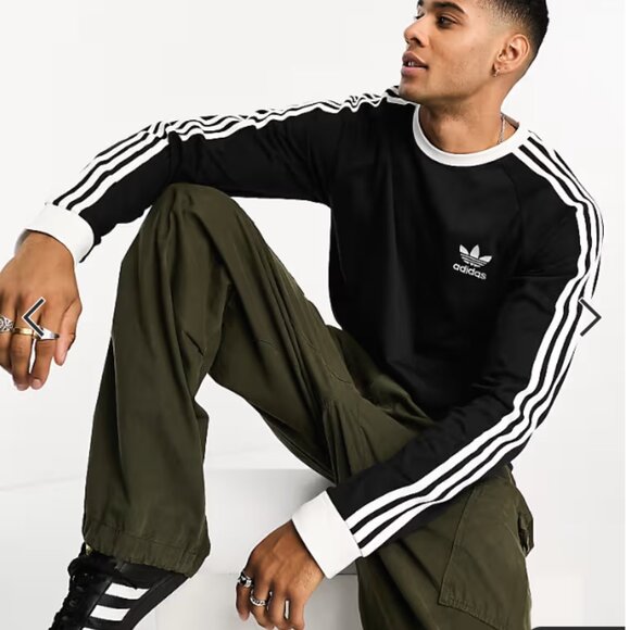 Mens Adidas 3 Stripe Black Long Sleeve TeeSize Large - Picture 3 of 9